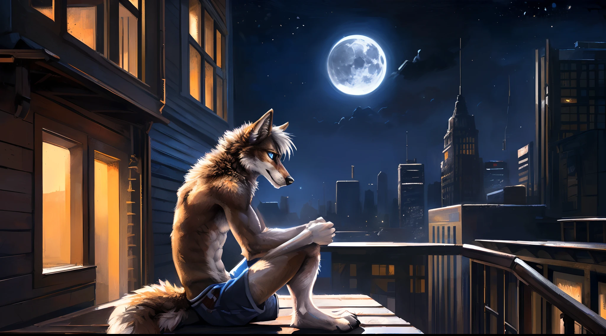((Solo)), male people, anthro wolf, (Multi-colored fur, White-brown:1.3), ((Wolf face, Big eyes, White eyelids, Blue pupil, Slim:1.2) (Tough, Calm expression:1.2)), (Height 2.1 meters,Tail length 1.5m), Abs, Slim, pinging, (Correct anatomy), (Contour bone:1.2), The upper body is naked, (detailed outfits), a long large tail,Feet,(Realistic fur, Detailed fur texture, labeled:1.3)), (Natural lighting), Photorealistic, Hyperrealistic, ultradetailed, by Kenket,In the modern city,Roof,the night,Sit alone,Look at the full moon,It was dark,Starry
