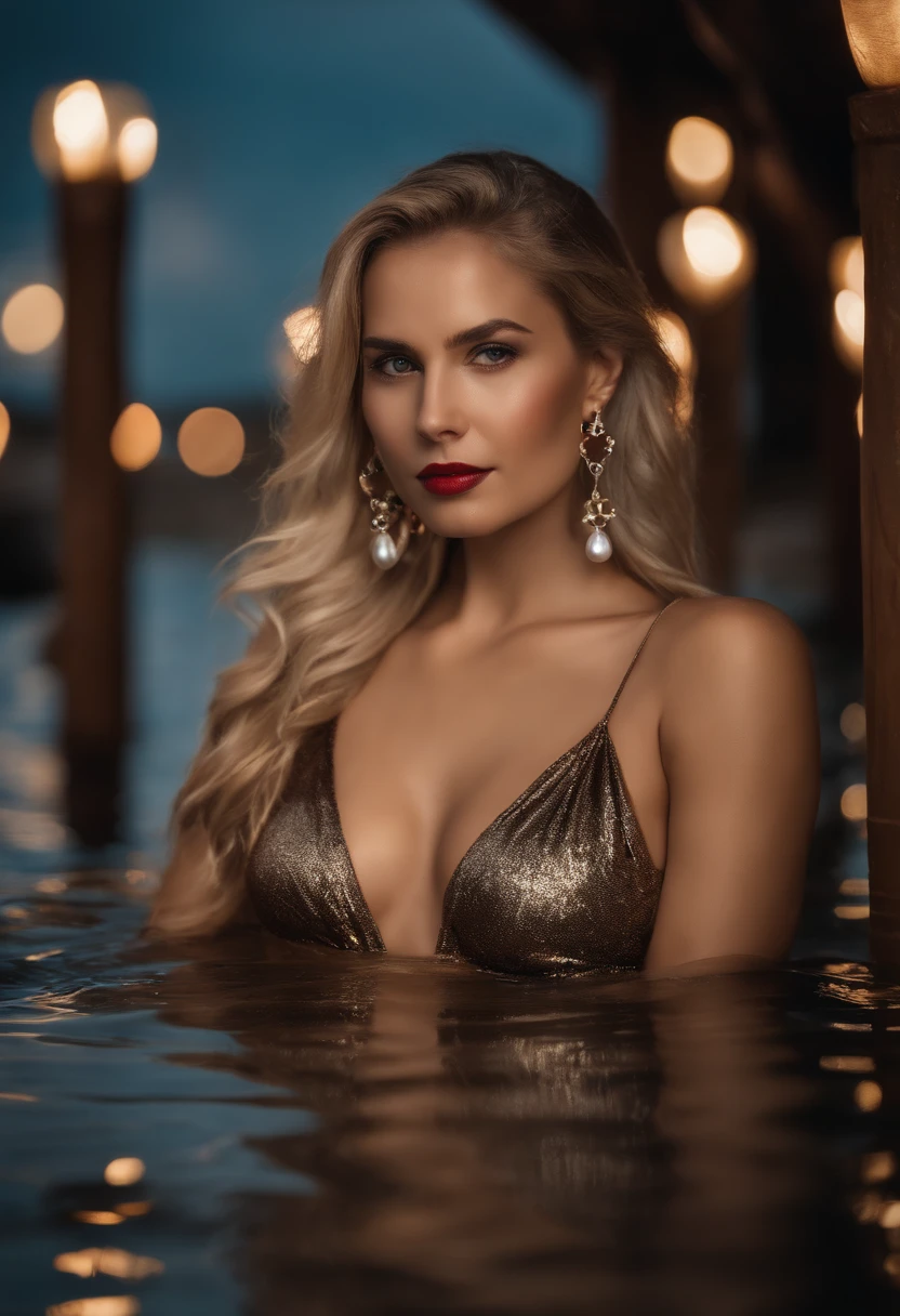 Ultra Photorealistic, Cinematic Lighting, ultra detailed skin, skin pores, finely detailed features:1):0.9, Very attractive, Loop Earing, Silver Necklace, Red Lipstick, Seductive, Blonde Hair, woman in a bikini sitting in the water on the beach, instagram photo shoot, cam de leon, wearing a steampunk sari, fashion model features, shot on sony a 7 iii, wearing a brown, streaming, may 1 0, dirty water, f 1 1, lv, flooded, silks, f11