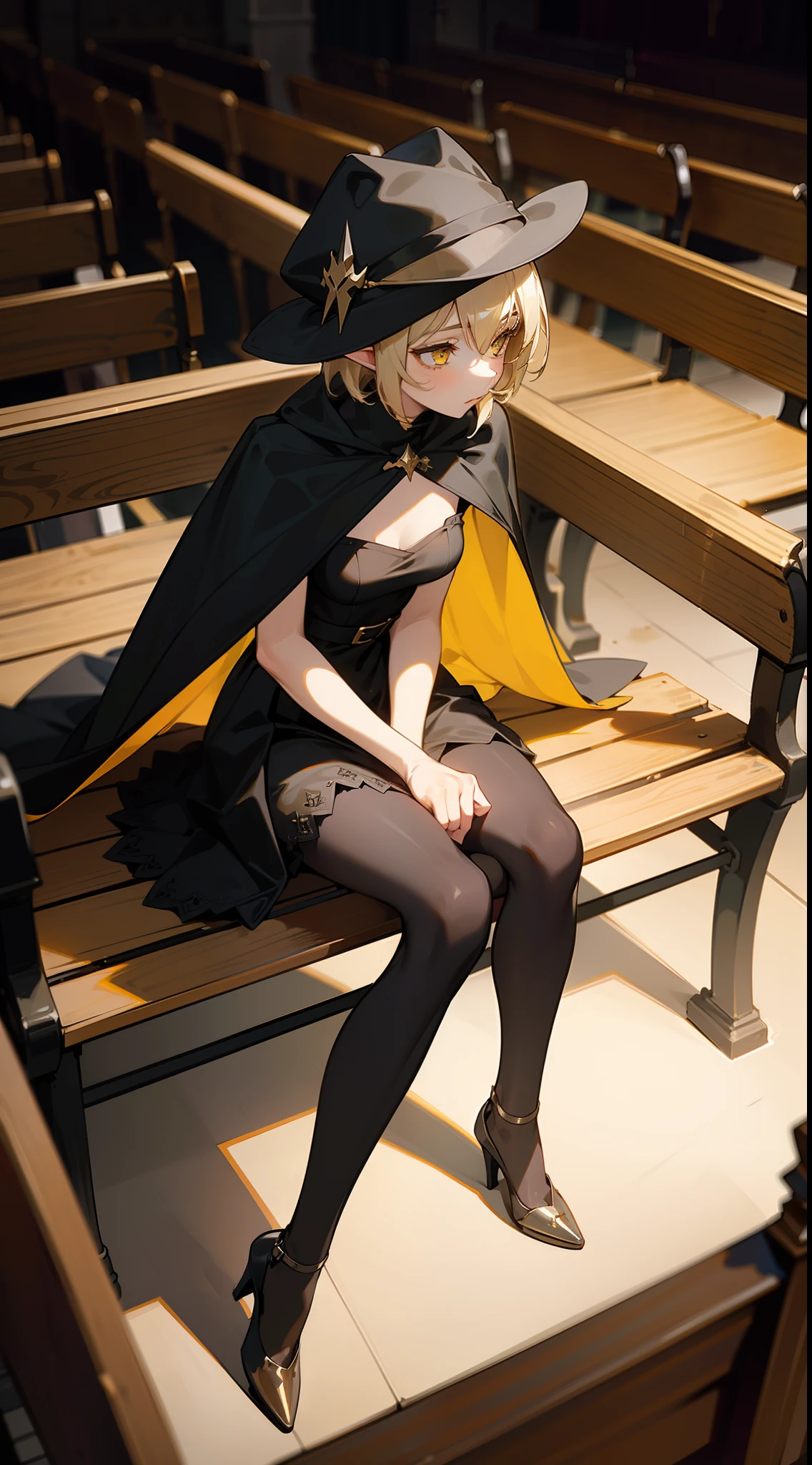 1girl ,20s,small tits,light blonde hair,short hair,yellow eyes,elf ear,neutral face,black high heels,black dress,black skirt,black wizard hat,black pantyhose,black cape,sitting on a bench in a church hall in night,night