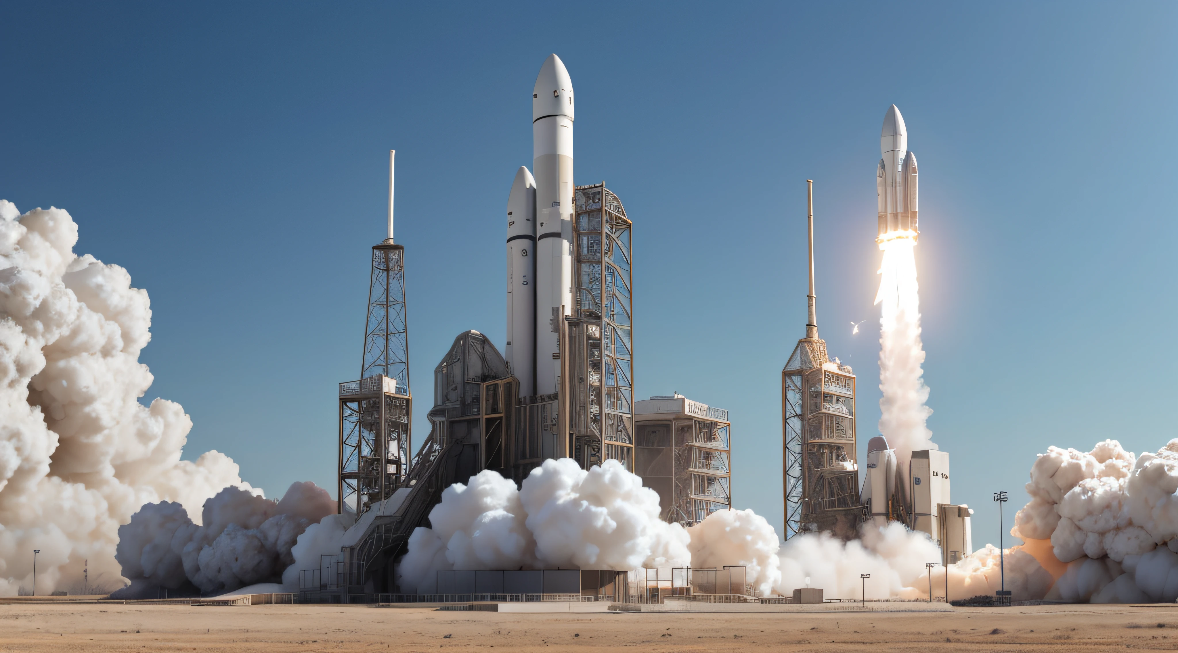 Space rocket launch，Rocket launch base，high - tech，high detal，A high resolution，Hyper-realistic，Photo-like texture