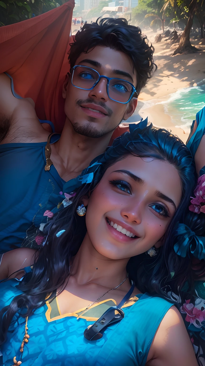 Boy and girl with blue outfit with mumbai beach
