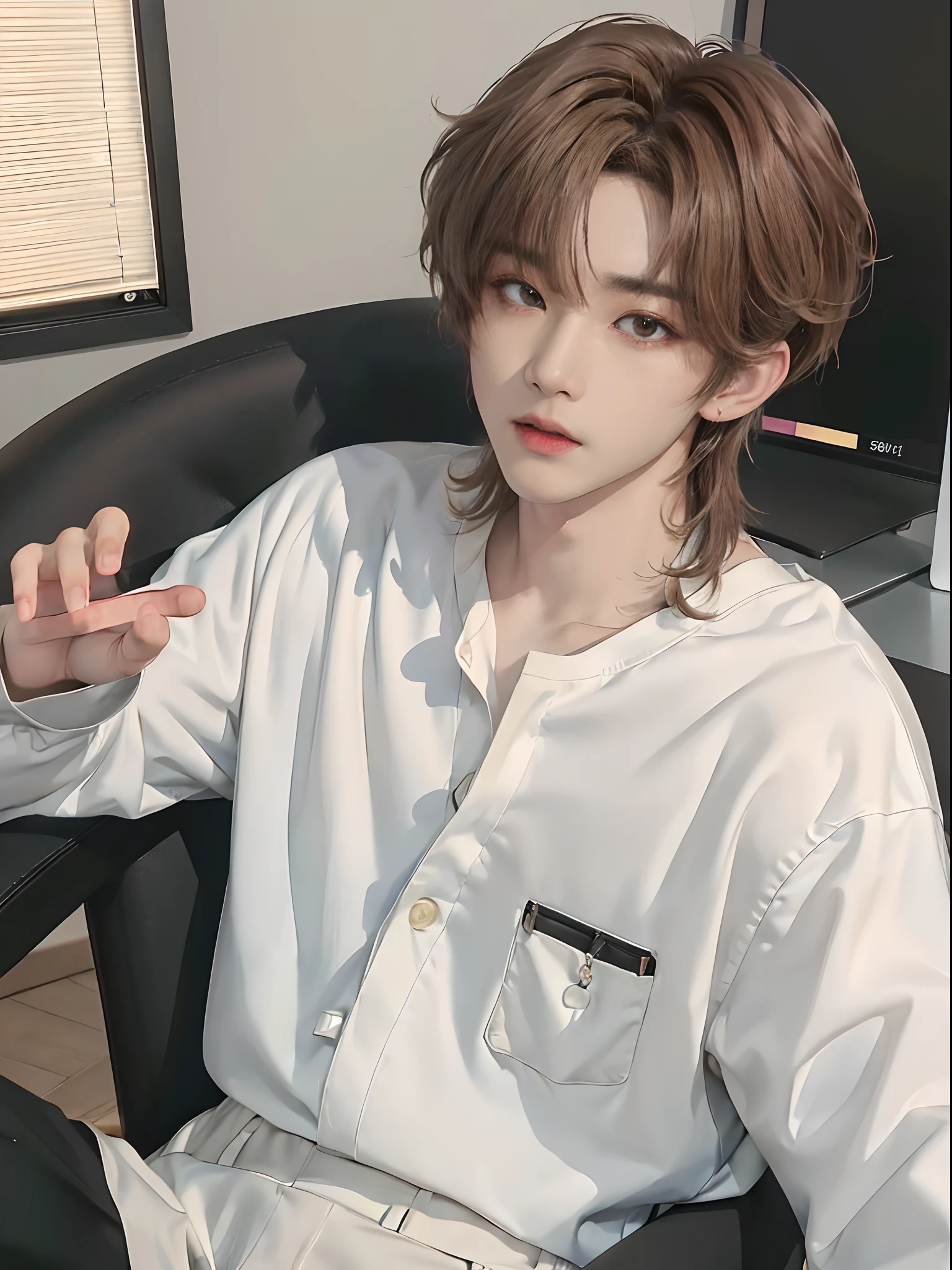 ((4K))、​masterpiece、（top-quality)、((high-level image quality))、One Manly Boy、((White Y-shirt and long black pants))、(Detailed beautiful eyes)、Stylish homeroom、Take a selfie while sitting in a gaming chair in front of your PC、Face similar to Chaewon in Ruseraphim、((short hair above the ears))、((Smaller face))、((Neutral face))、((Light brown eyes))、((Korean boy))、((18year old))、((Handsome man))、((Wild look))、((Korean Makeup))、((elongated and sharp eyes))、((During game streaming))、((Selfie near the face))、((Upper body photography))