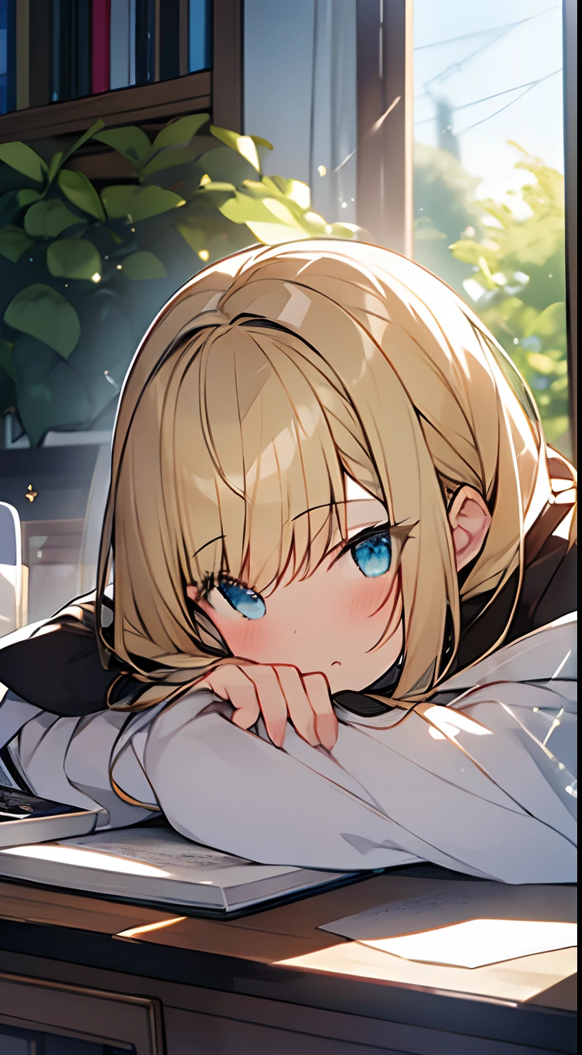 High quality, clean eye drawing, reflective eyes, pixie cut, pretty blonde, beautiful blonde, blue eyes, 1 girl, {girl in window}, {put window between girls}, surrounded by plants, vines stretching walls, flowers blooming, rainbow reflecting, studying, tea on desk, letter on desk There is, books neatly arranged on the desk, writing with emphasis on shadows, drawing hands accurately, drawing fingers accurately, curtains, white jacket, {make color boundaries clear}, bookshelves, more sparkly ornaments,