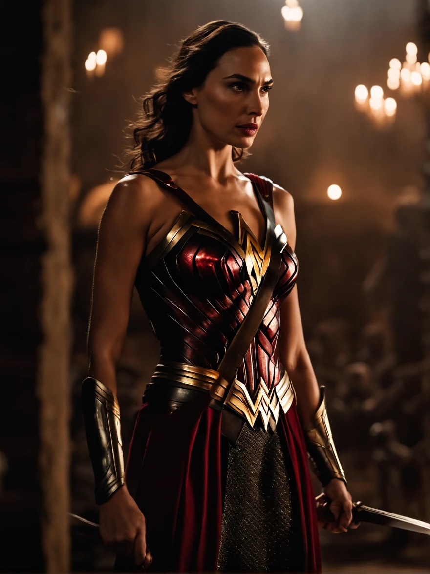 Uma mulher maravilha, rosto perfeito, Gal Gadot, is in the midst of gerra, e em pose de combate, cena de filme