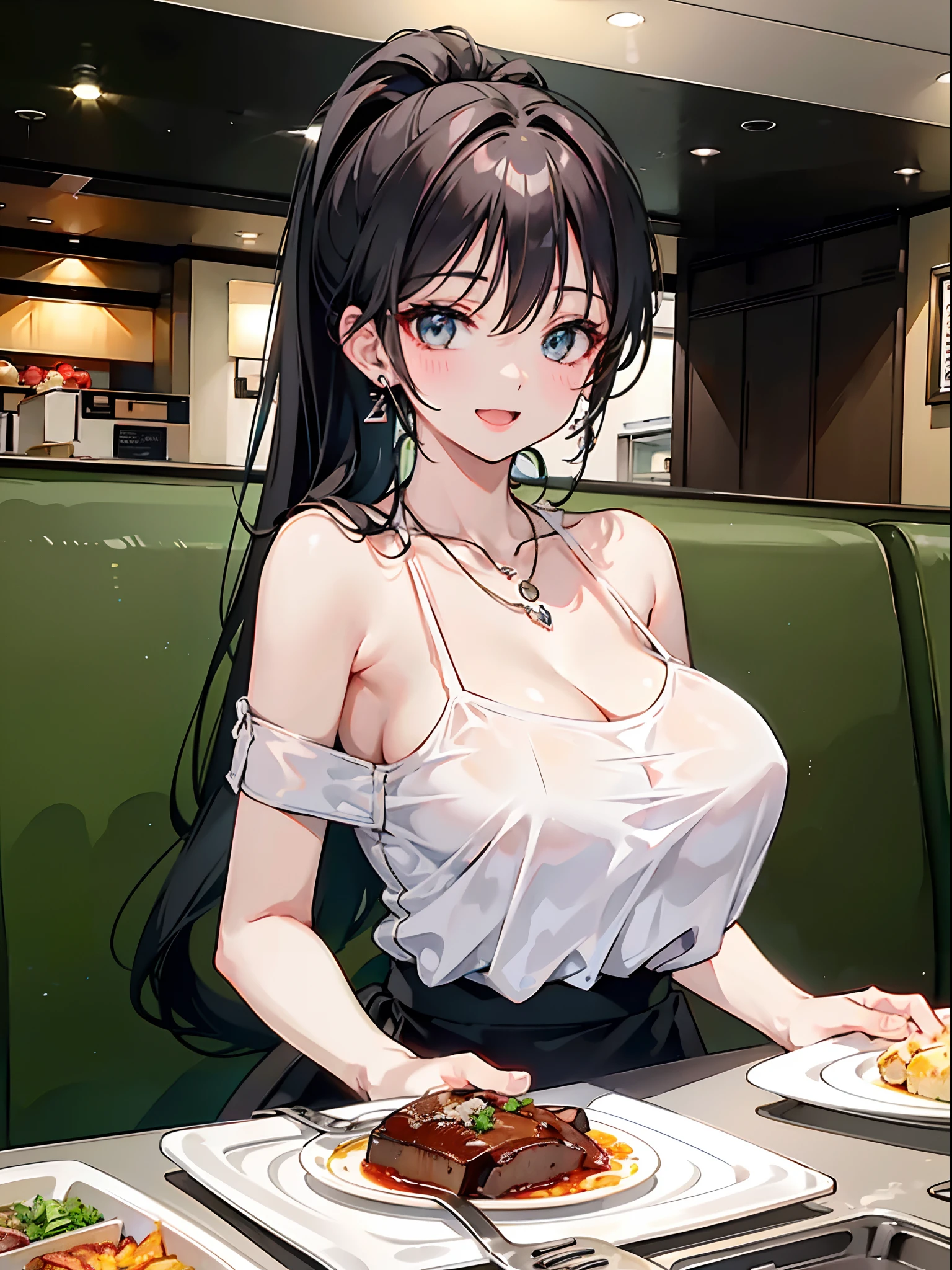 In restaurant, table, food, eating, restaurant, high resolution, 8k, masterpiece, best quality, 1girl, ponytail, mature female, cute shirt, off shoulders, earrings, necklace, large breasts, huge breasts, open mouth, happy smile
