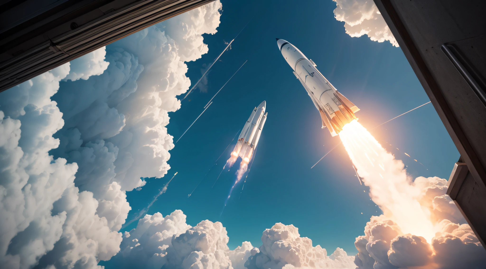 Create an artistic interpretation of the rocket's perspective as it approaches the invisible ceiling