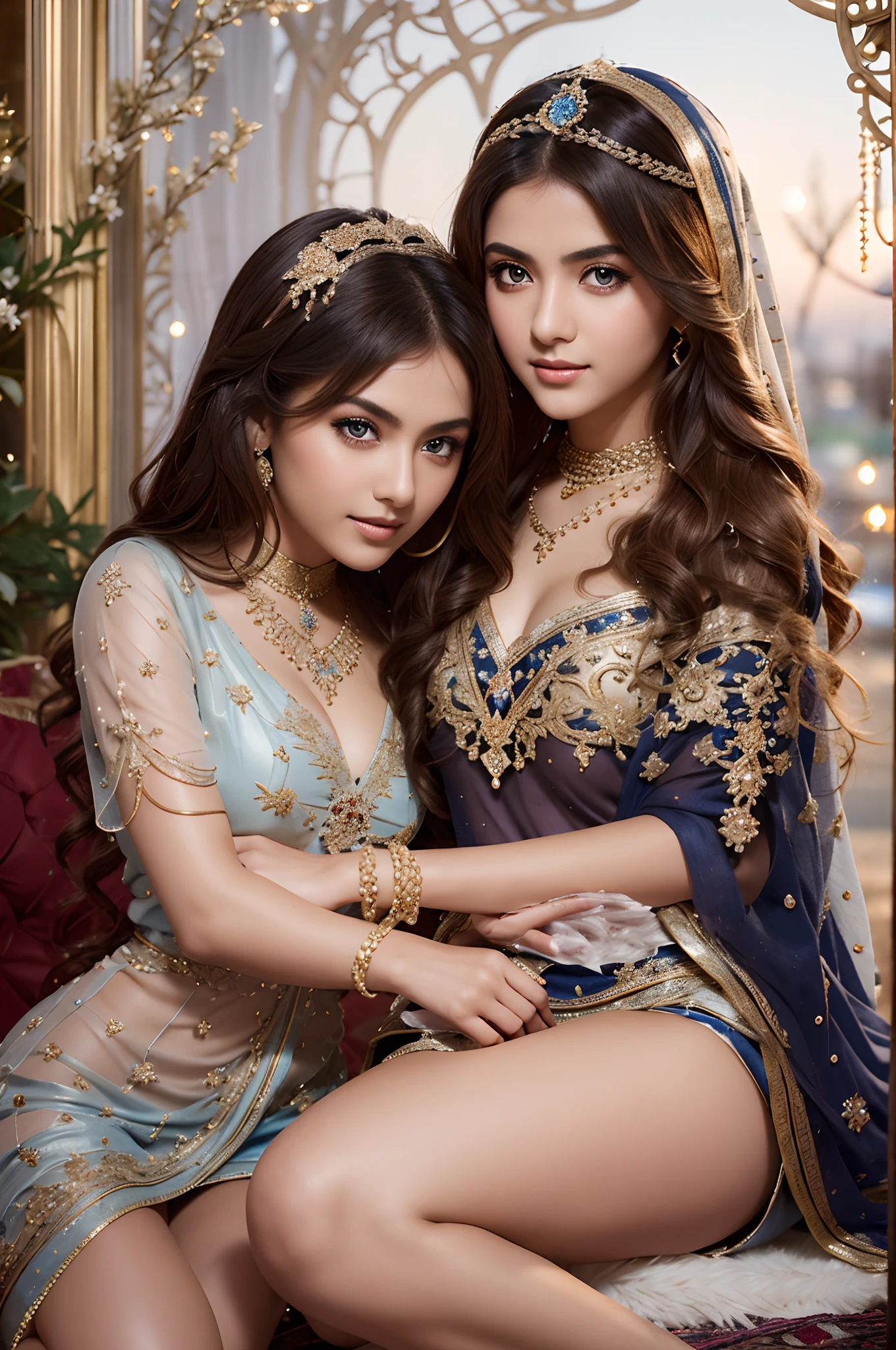 2 girls kneeling,duo,top-quality、Extremely Delicately Beautiful、(Strange blue and red eyes)、arabian clothes 、silber hair、femele、((Brown skin)),Front lens,(Close-up Shot Shot:1.6),best qualtiy,f / 1 HD photography T bokeh,Depth of field macro,