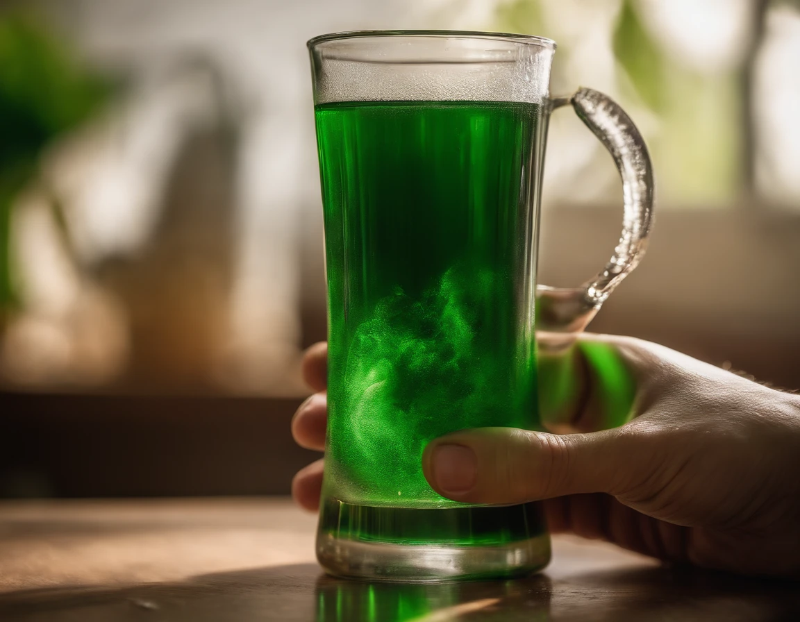 advertising image for liquid chlorophyll with a model drinking cold liquid chlorophyll in a glass cup