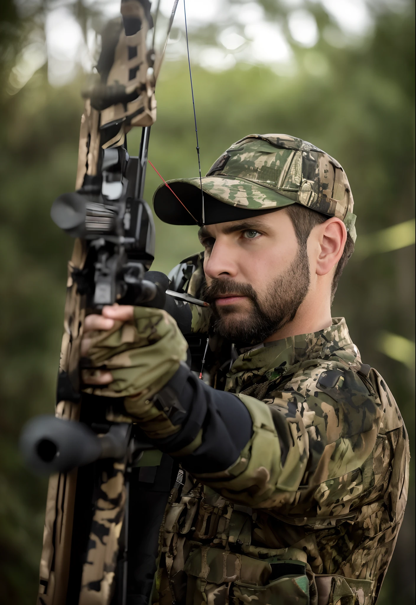 arafed man holding a bow and aiming a bow in a wooded area, pointing his bow, aiming a bow and arrow, holding a crossbow, focused shot, profile shot, profile picture, head shot, holding a bow, holding bow and arrow, aiming, close-up shoot, well focused, with hand crossbow, wielding a bow, portrait shot, canadian male, knee pads, male focus, military, military uniform, pouch, reddish-brown hair, beard, solo, standing, assault vest, jungle background, gritty war-torn atmosphere, black ops, depth of field, dark blue eyes, tactical gloves