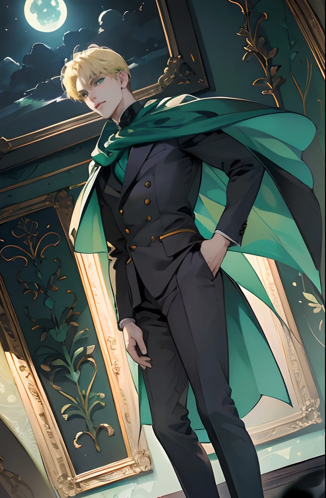 masterpiece, best quality, realistic, 1man, mature male, quiet and charming young man, serious look, extremely detailed face, detailed eyes, detailed background, cinematic lighting, looking at the audience, posture dynamics, (masterpiece, top quality, best quality, beautiful illustration, official art, wide angle, beautiful and aesthetic :1.5), Masterpiece Background Midnight, Darkness, Dark Room, Dark tone, castle, castle windows, Moonlight, (Moonlight Only: 1.5), Invincible Smile, smirk, Bewitching, gentleman, ((emerald green eyes)), ((short pale golden hair)), [thick eyebrows], ((suit)), green cape, black suit, black pants, yellow hair, golden hair, light yellow hair, pale yellow hair, handsome man, 27 years old, detailed face, detailed eyes, green eyes