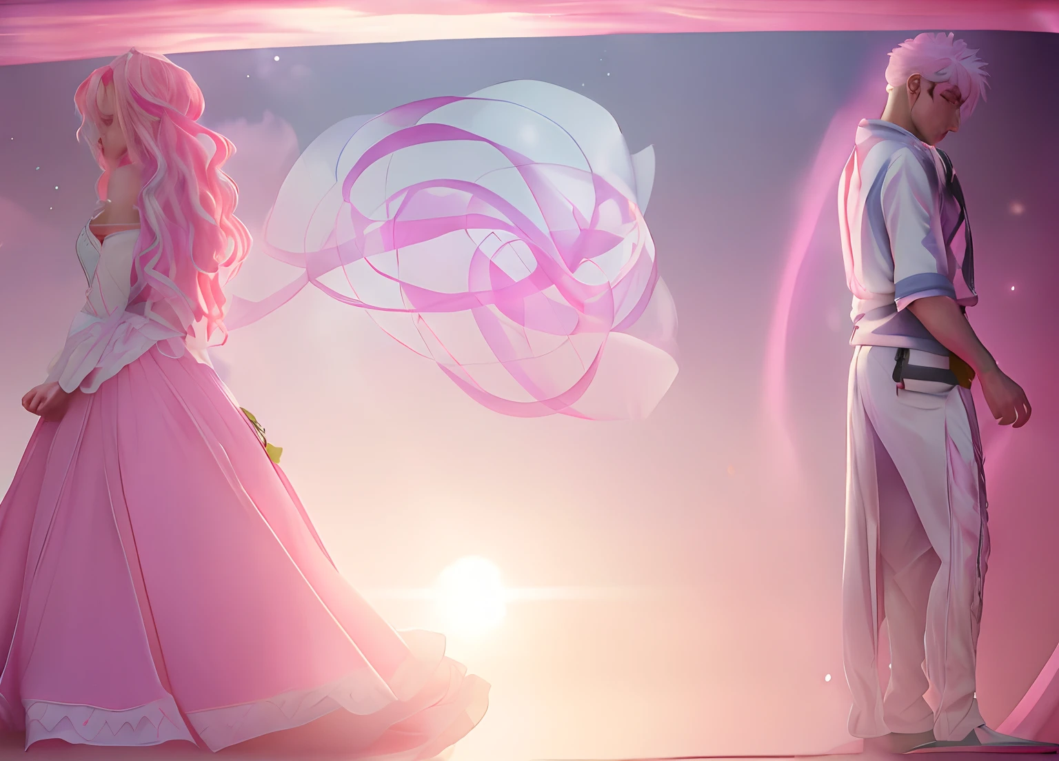 Anime characters dressed in pink and white standing in front of a pink background, concept art magical highlight, stunning arcanum backdrop, ethereal anime, ballroom background, Arte Conceitual do Amor, soft light melanchônica pink, official rendering, quadro-chave, a still of an ethereal, Quadro-chave do anime, luz suave 4K em rosa, luz solar rosa, !arte conceitual dos sonhos ((rosto detalhado))