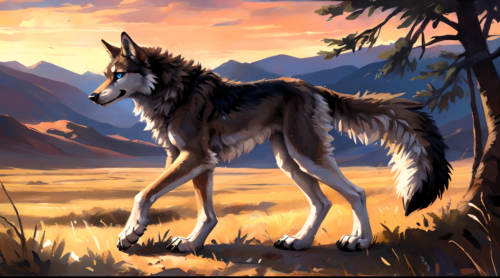((Solo)), male people, coyote, (Multi-colored fur, White-brown:1.3), ((Wolf face, White hair, Big eyes, White eyelids, Blue pupil, Slim:1.2) (Tough, Calm expression:1.2)), Abs, Slim, pinging)), (Correct anatomy), A big tail，Feet，Longer torso，Well-proportioned limbs，(Realistic fur, Detailed fur texture, labeled:1.3)), (Natural lighting), Photorealistic, Hyperrealistic, ultradetailed, by Kenket，Naked all over the body，Endless grasslands，Walking