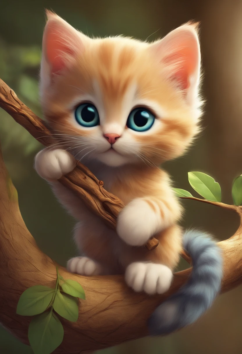 cartoon kitten holding a branch