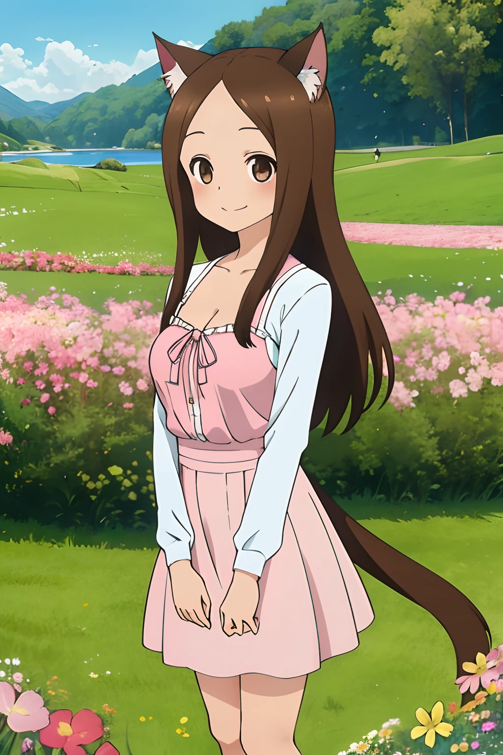 (Realistic),(Photorealistic),Takagi_San, 1girl in, Height 155 cm,Long hair, cat ear,Brown hair, Part bangs, Brown eyes,（（German national costume））,（（white frills））,（pink clothing）,large full breasts,cleavage of the breast,Forehead,Smile, Looking at Viewer,masutepiece,Big ass,Cat's tail,Full body, Best Quality, (Colorful),volumatic light, Ray tracing,the Extremely Detailed CG Unity 8K Wallpapers,Smile,((flying petal)),(Flowery meadow), Sunny,Sunshine, light, Fantasy, Windy, magic sparks, Trees, lake, mountainscape, ((Flowers)),weeds