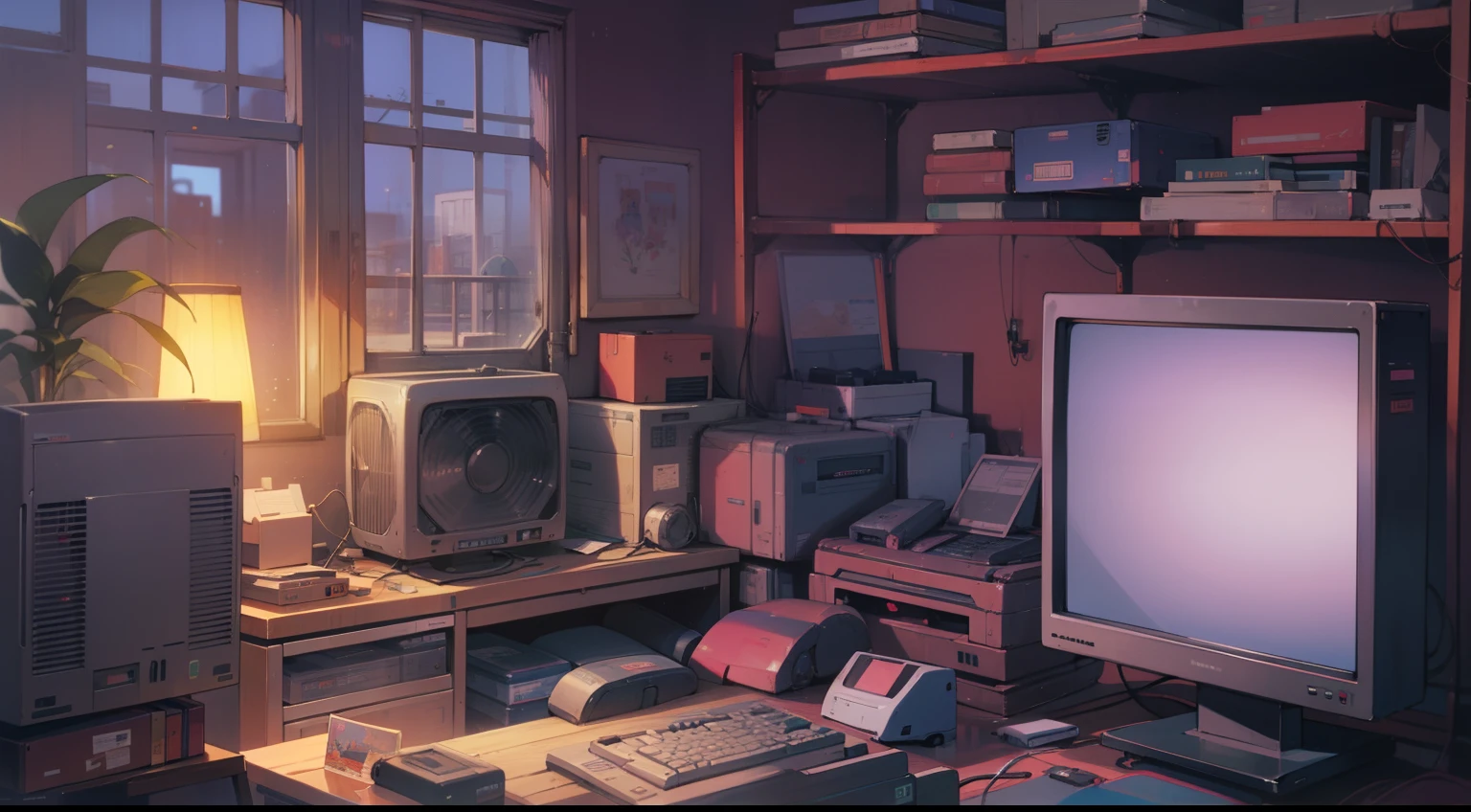 Dimly lit room, 1990's, Old large box computer, Setting up a computer in the 90s, Soft lighting, Detailed anime wallpapers, Blurred foreground