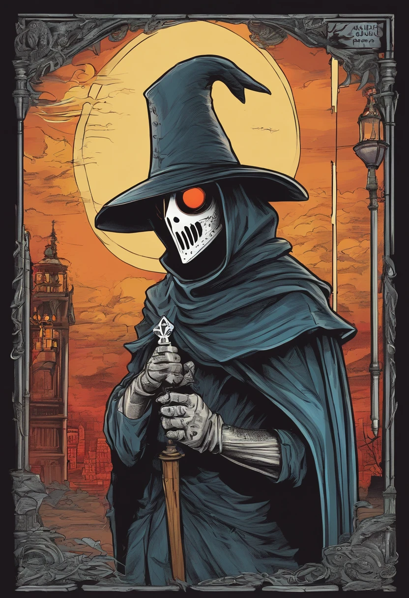 Plague doctor standing left facing a lamp
