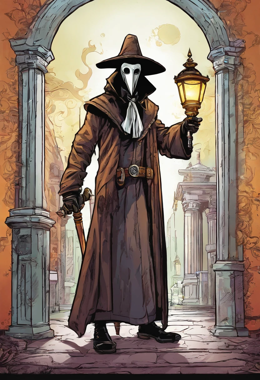 Plague doctor standing left facing a lamp