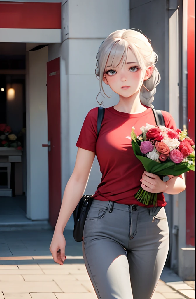 1 girl white braided with red shirt and pant grey eye color holding a rose bouquet walking outside a flower bouquet shop innocent girl