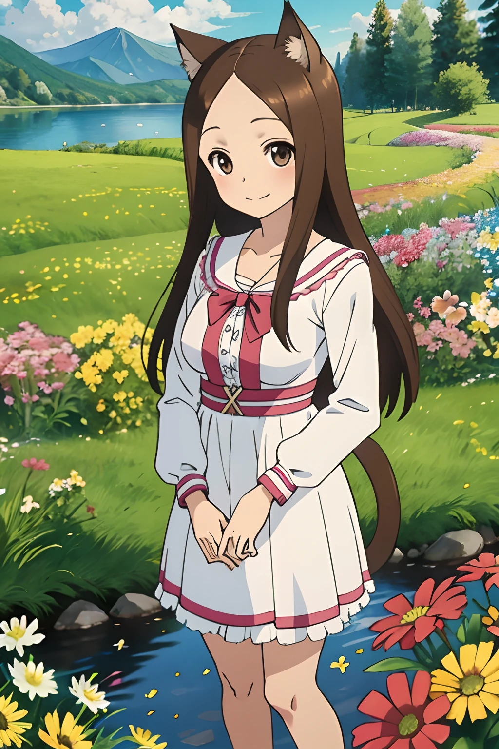 (Realistic),(Photorealistic),Takagi_San, 1girl in, Height 155 cm,Long hair, cat ear,Brown hair, Part bangs, Brown eyes,((German national costume)),((white frills)),(pink clothing),large full breasts,cleavage of the breast,Forehead,Smile, Looking at Viewer,masutepiece,Big ass,Cat's tail,Full body, Best Quality, (Colorful),volumatic light, Ray tracing,the Extremely Detailed CG Unity 8K Wallpapers,Smile,((flying petal)),(Flowery meadow), Sunny,Sunshine, light, Fantasy, Windy, magic sparks, Trees, lake, mountainscape, ((Flowers)),weeds