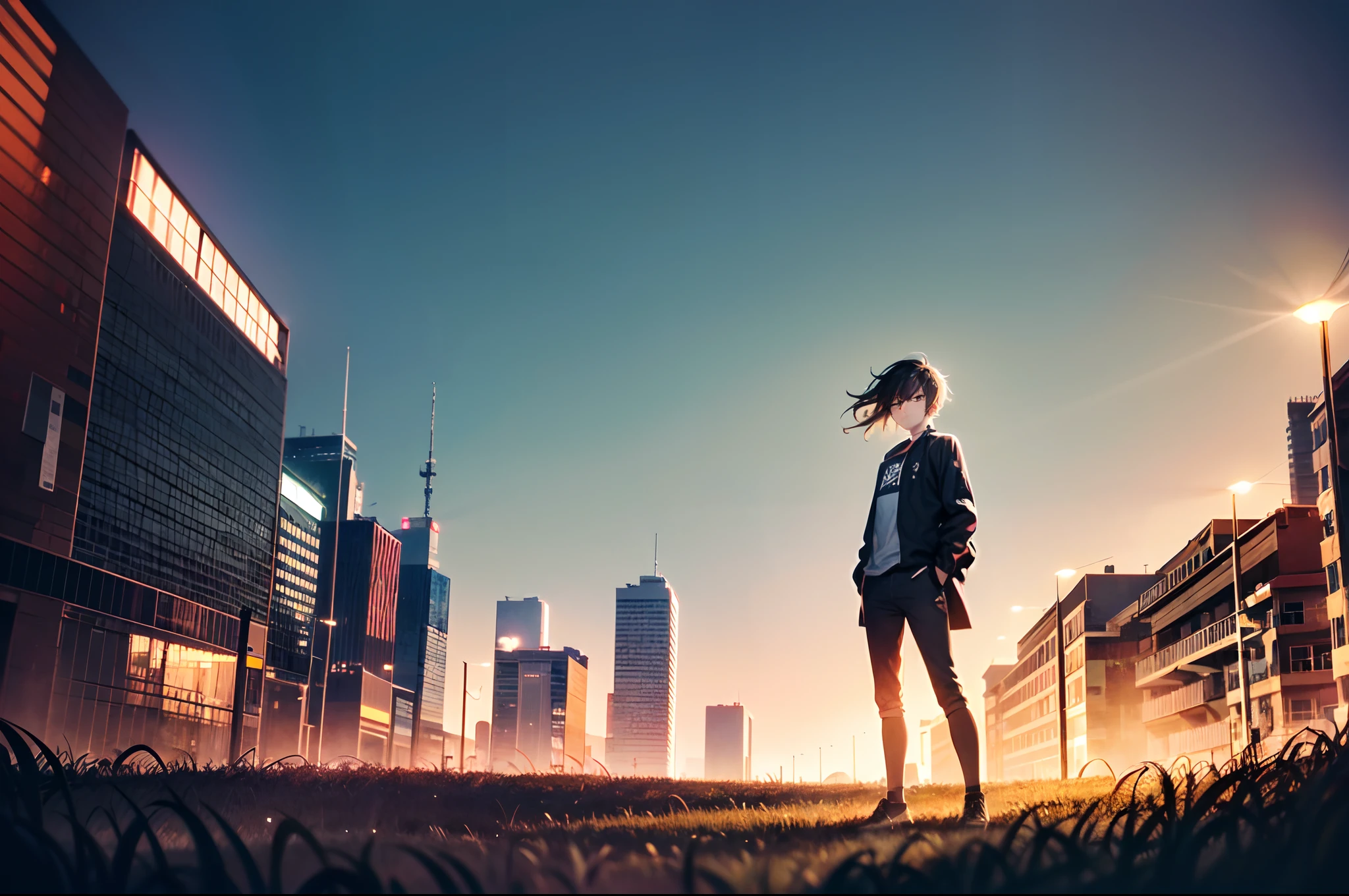 16K, HDR, RTX, raytracing, natural lighting, absurdres, best qaulity masterpiece, perfect anatomy highly detailed face, detailed eyes, 1boy, solo, wearing shirt, beautiful hair, extreme beautiful, edgy, cool, evil aura, windy, glowing eyes, serious expressions, dystopian city, futuristic, detailed background, award winning, neon lights, trending on art station, standing on wide grass area, staring at the city