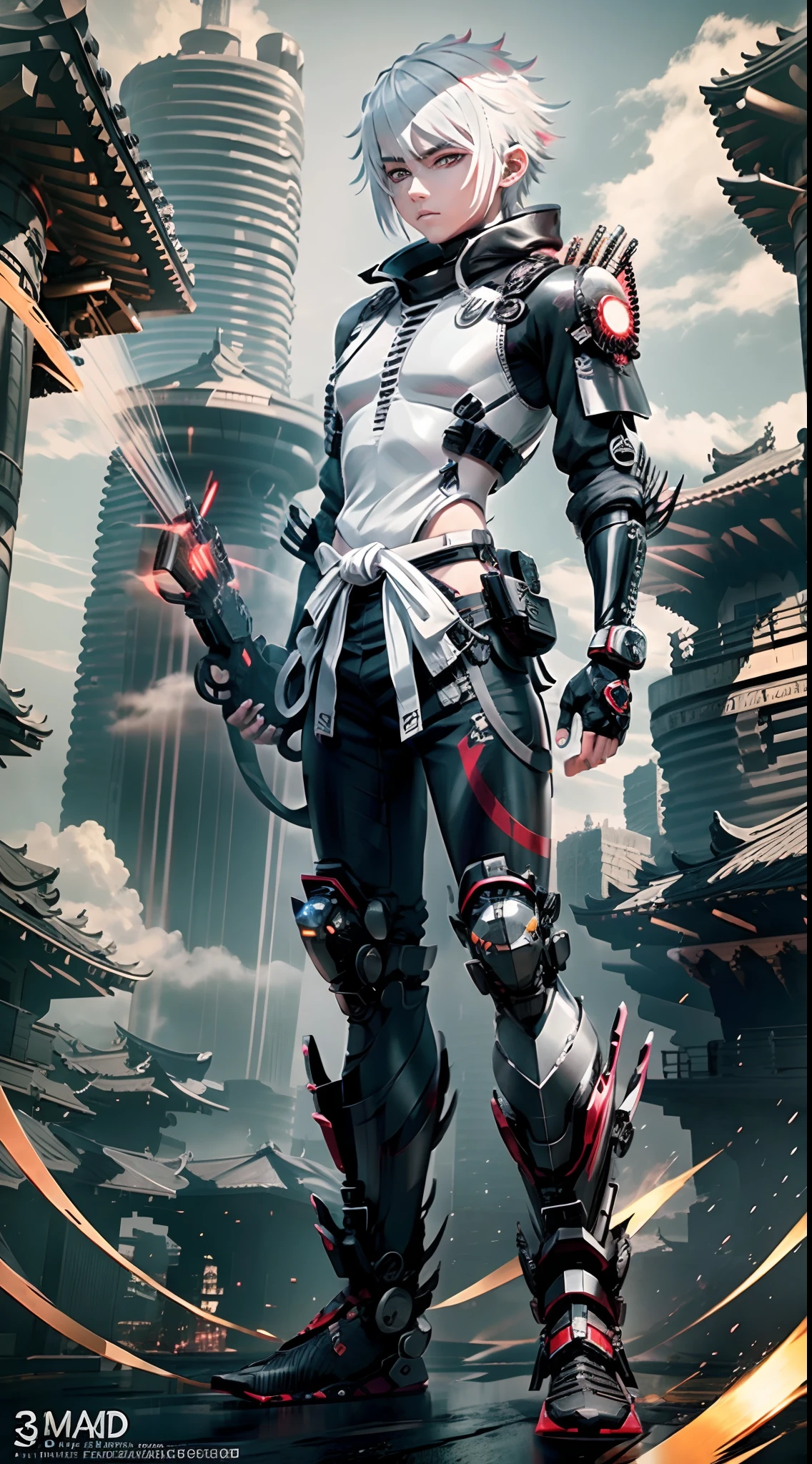 Close up of a young boy with white hair and black clothes, Tech style anime,Anime Future Tech Samurai, Anime Stylization, cyborg people,with glowing red eyes, in an anime style, anime styled 3d