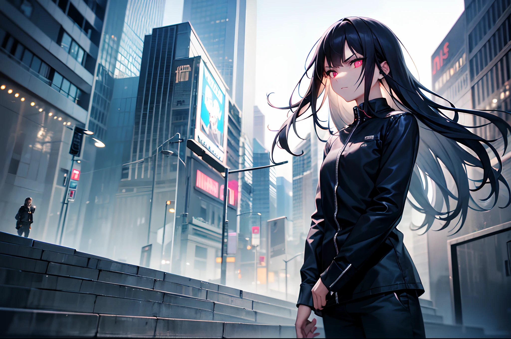 16K, HDR, RTX, raytracing, natural lighting, absurdres, best qaulity masterpiece, perfect anatomy highly detailed face, detailed eyes, 1boy, solo, wearing shirt, beautiful hair, extreme beautiful, edgy, cool, evil aura, windy, glowing eyes, serious expressions, dystopian city, futuristic, detailed background, award winning, neon lights, trending on art station, standing on wide grass area, staring at the city