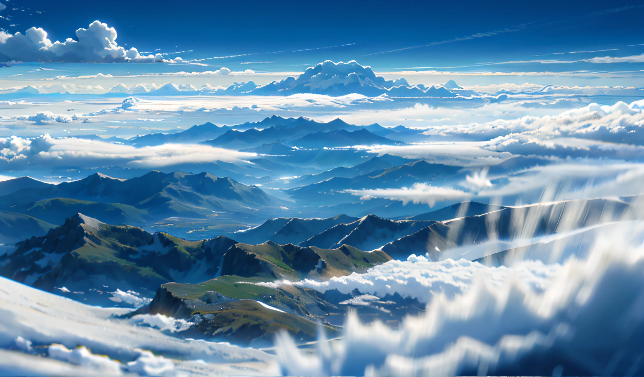 a vast, clear sky, beautiful clouds with no people, only mountains in the distance with clouds, beautiful sky, high quality, no low quality, 8k, no broken images , no serrations