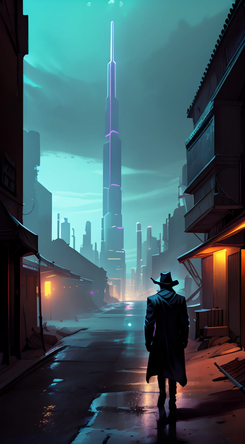 uma imagem cidade sci-fi de fundo com letreiros em neon, a man in a black coat and cowboy hat walking away from the POV, envolto na penumbra, leaving the city and heading towards a wide desert