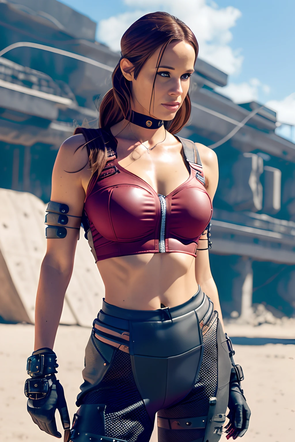 Post-apocalyptic female warrior in shirt and black fishnets, with some barbed wires around her left leg thigh, scantily clad, Jennifer Garner as cuberpunk model wearing Cybernetic_Jawless mask with mechanical parts, cybernetic model cosplaying in black leather, black dress, black skintight ((leggings)) and skintight crop top, ((exposed midriff)), freckles, trending on instagram, art by Dmitry Sergeev