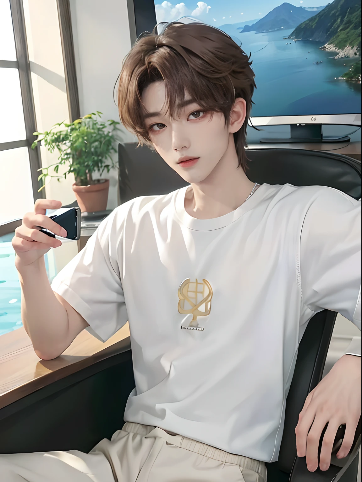 ((4K))、masterpiece、(top-quality)、((high-level image quality))、One Manly Boy、((White Y-shirt and long black pants))、(Detailed beautiful eyes)、Stylish homeroom、Take a selfie while sitting in a gaming chair in front of your PC、Face similar to Chaewon in Ruseraphim、((short hair above the ears))、((Smaller face))、((Neutral face))、((Light brown eyes))、((Korean boy))、((18year old))、((Handsome man))、((Wild look))、((Korean Makeup))、((elongated and sharp eyes))、((During game streaming))、((Selfie near face))、((Shot from the upper body))