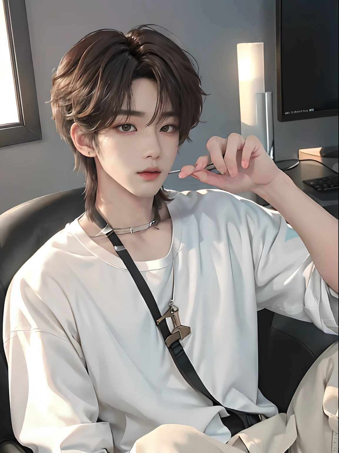 ((4K))、​masterpiece、（top-quality)、((high-level image quality))、One Manly Boy、((White Y-shirt and long black pants))、(Detailed beautiful eyes)、Stylish homeroom、Take a selfie while sitting in a gaming chair in front of your PC、Face similar to Chaewon in Ruseraphim、((short hair above the ears))、((Smaller face))、((Neutral face))、((Light brown eyes))、((Korean boy))、((18year old))、((Handsome man))、((Wild look))、((Korean Makeup))、((elongated and sharp eyes))、((During game streaming))、((Selfie near face))、((Shot from the upper body))