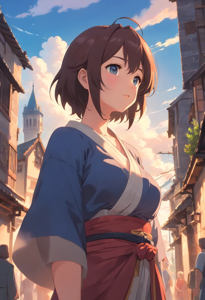 mature female, gigantic breasts, lips, naughty face, medieval city, cloud, motherly, thicc