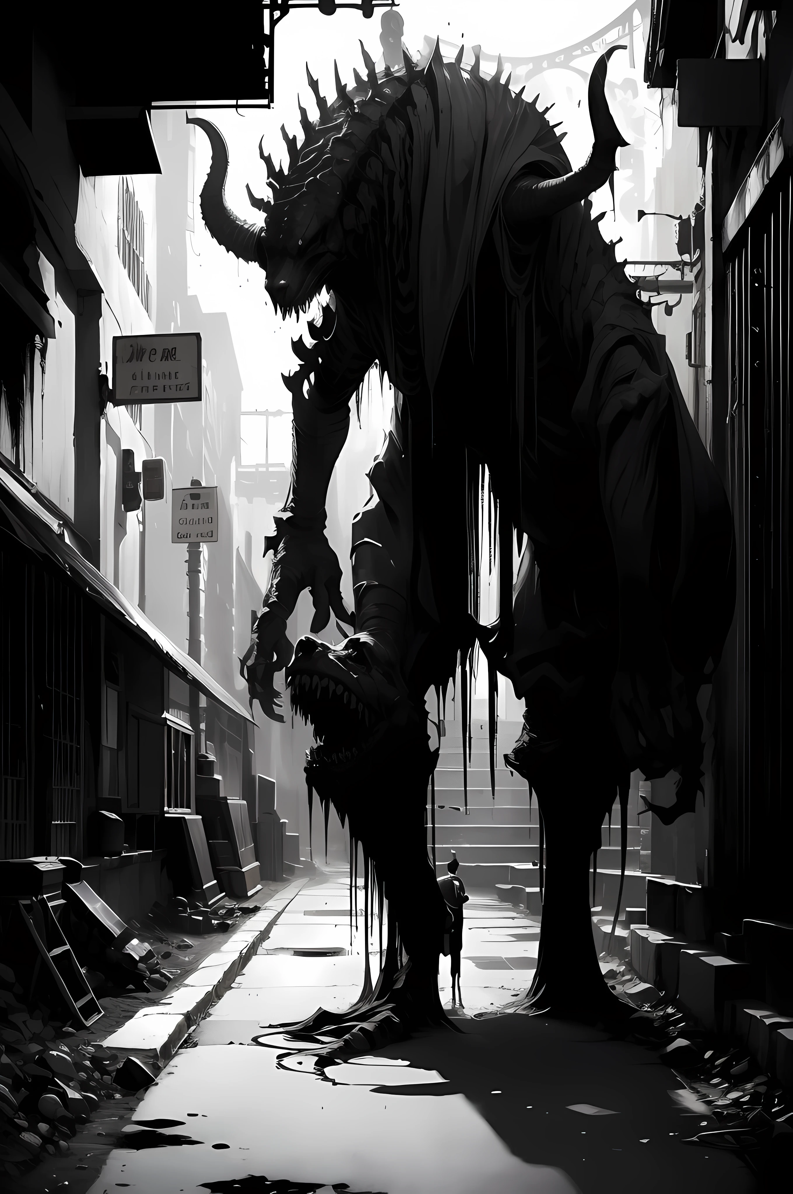 arafed monster with a dog in a city street, dark high-contrast concept art, impending doom in an alleyway, an ominous fantasy illustration, dark cinematic concept art, ominous creature hiding detailed, dark concept art, photorealistic dark concept art, dramatic concept art, senior concept artist, monster concept art, wojtek fus, eerie nostalgic concept art