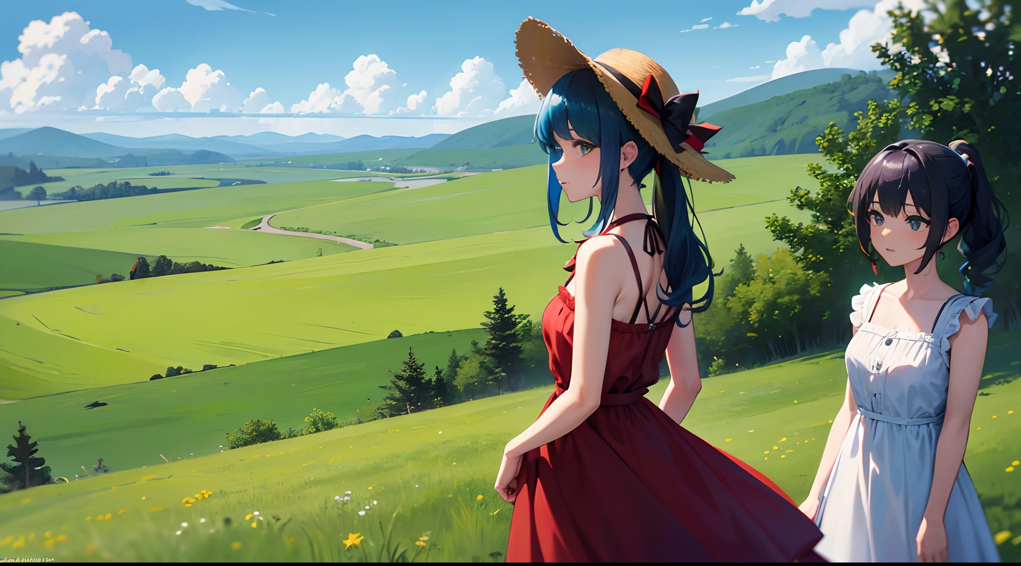 masterpiece, lots of detail, 4k, 8k, ((ultra-detailed)), highres, 2girls, sundress, hill, distant terrain, summer, wind, holding hat, back, {red hair|green hair|black hair|blue hair}, {ponytail|short hair|long hair|curly hair}