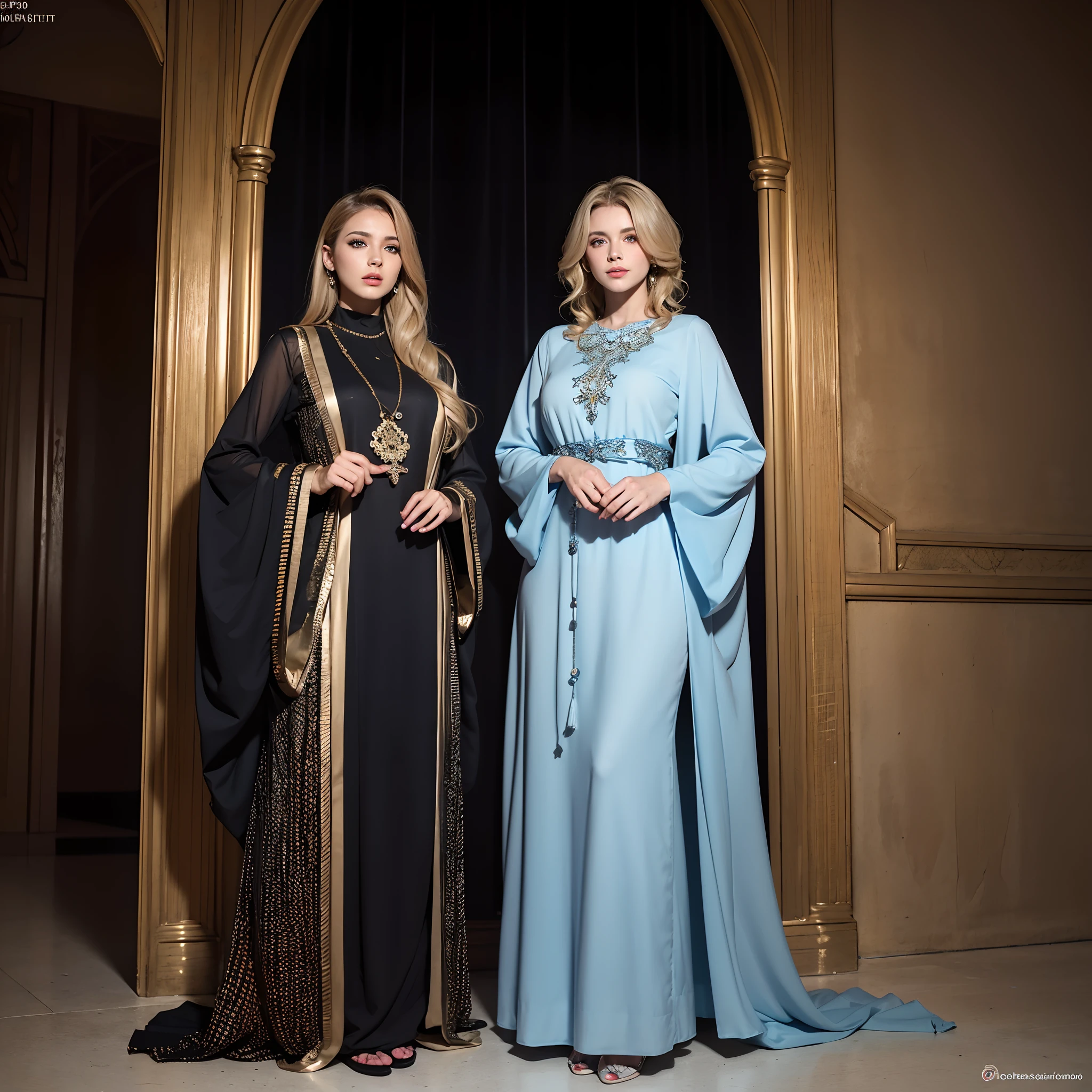 Best quality, Masterpiece, ultra highres, (photoreallistic:1.4), Photo brute, 1fille, cheveux blonds, yeux bleus,  Detailed eyes and face, costume noir, dinamic lighting, Dans le noir, ombre profonde, Wear respectable Moroccan caftan different types of design colors full caftan outfit cover the whole body full islamic caftan