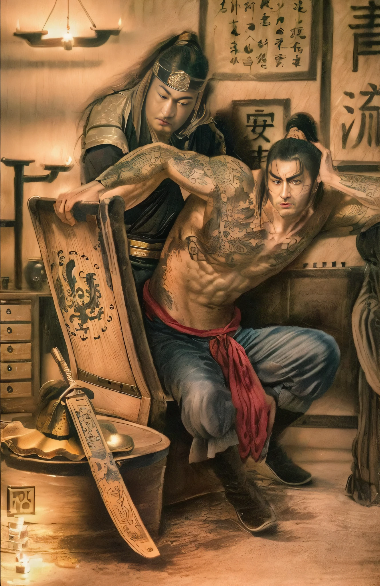 ((Unreal Engine 5)), Realistic rendering, Excellent, (Almost naked), (Shirtless tattoos), A shirtless tattooed warrior，sit on chair，Strong and handsome man，The clerk behind him was giving him a massage，Indoor candlelight scene，There are calligraphy frame paintings on the walls，Chinese martial arts, Photos of strong warriors, epic full color illustration, inspired by Li Kan, tai warlord, Inspired by Chen Danqing, The feeling comes from Shen Quan, Inspired by Hu Zaobin, inspired by Zhu Derun, Inspired by Huang Shen, inspired by Li Rongjin, Inspired by Shen Zhou，inspired by Lu Zhi, author：Yoon Du-seop