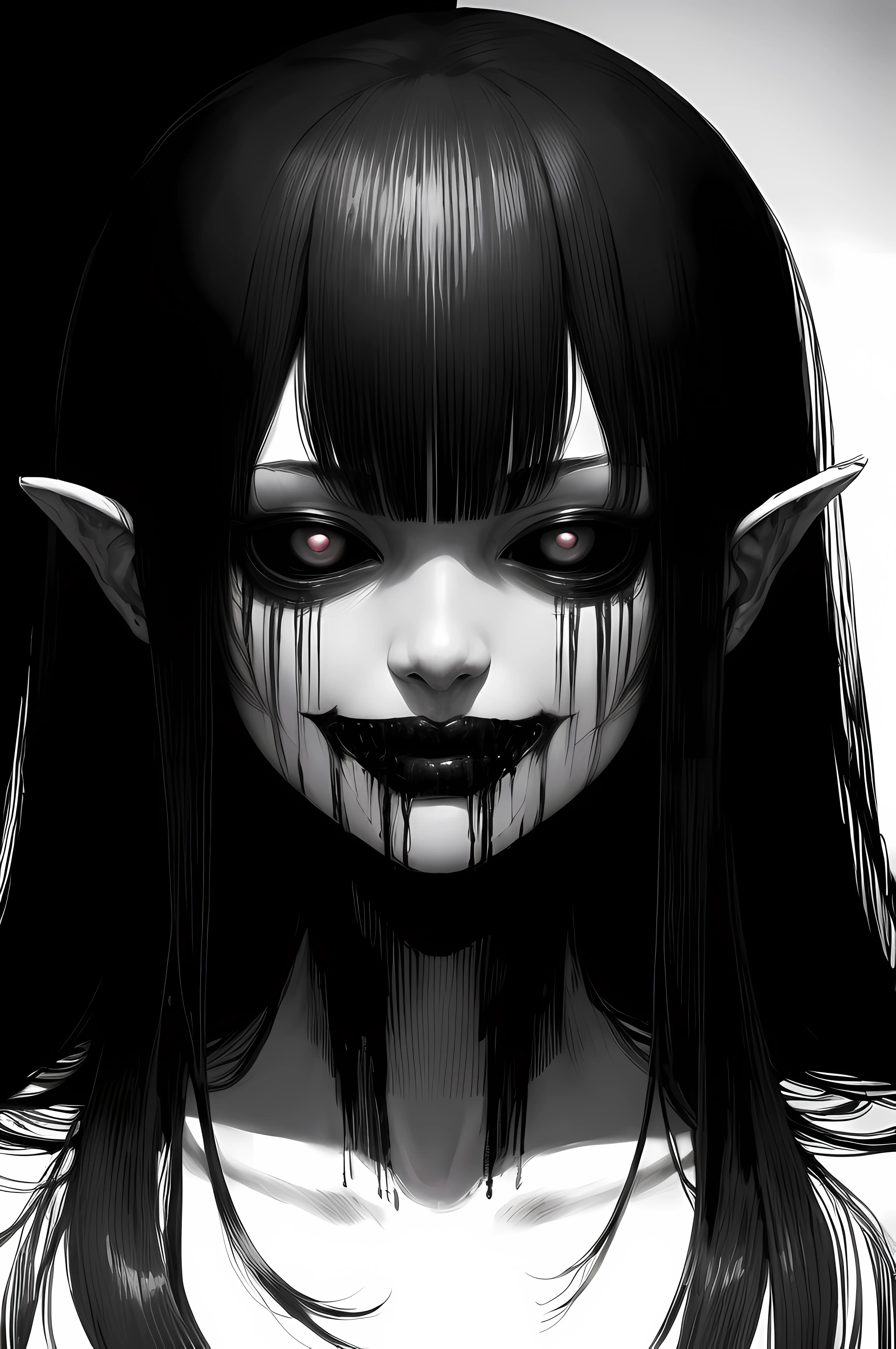 a close up of a woman with a creepy face and black hair, junji ito 4 k, demon anime girl, demon girl, portrait of demon girl, gapmoe yandere grimdark, cute face. dark fantasy, anime monster girl, horror manga, gothic girl face, gothic face, digital manga art, vampire girl, art style of junji ito