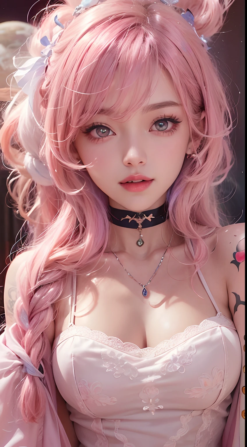 1girll,（Captivating quality：1.4），（True textured skins of the highest quality), Delicate face,Pink twin-tailed hair, Gradient Hair, （perfect bodies：1.1），Heart-shaped choker、long eyelasher,grin, hyperphotorealism, Cinematic lighting, projected inset, surrealism, hyper HD, masutepiece，Dream On，Please wear clear silk pajamas,Carmelto，tattooed，Fantasy space，Luxurious space