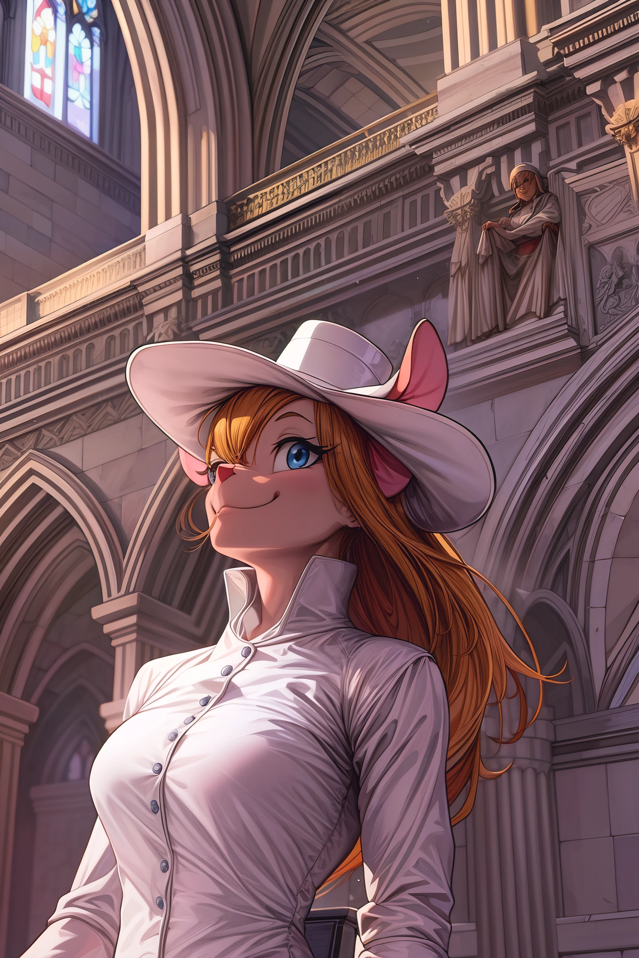 sexy gadget_hackwrench as the pope in a cathedral, smile, looking at viewer, cowboy shot, (high quality:1.2), masterpiece, detailed, highres, 4k, sharp focus