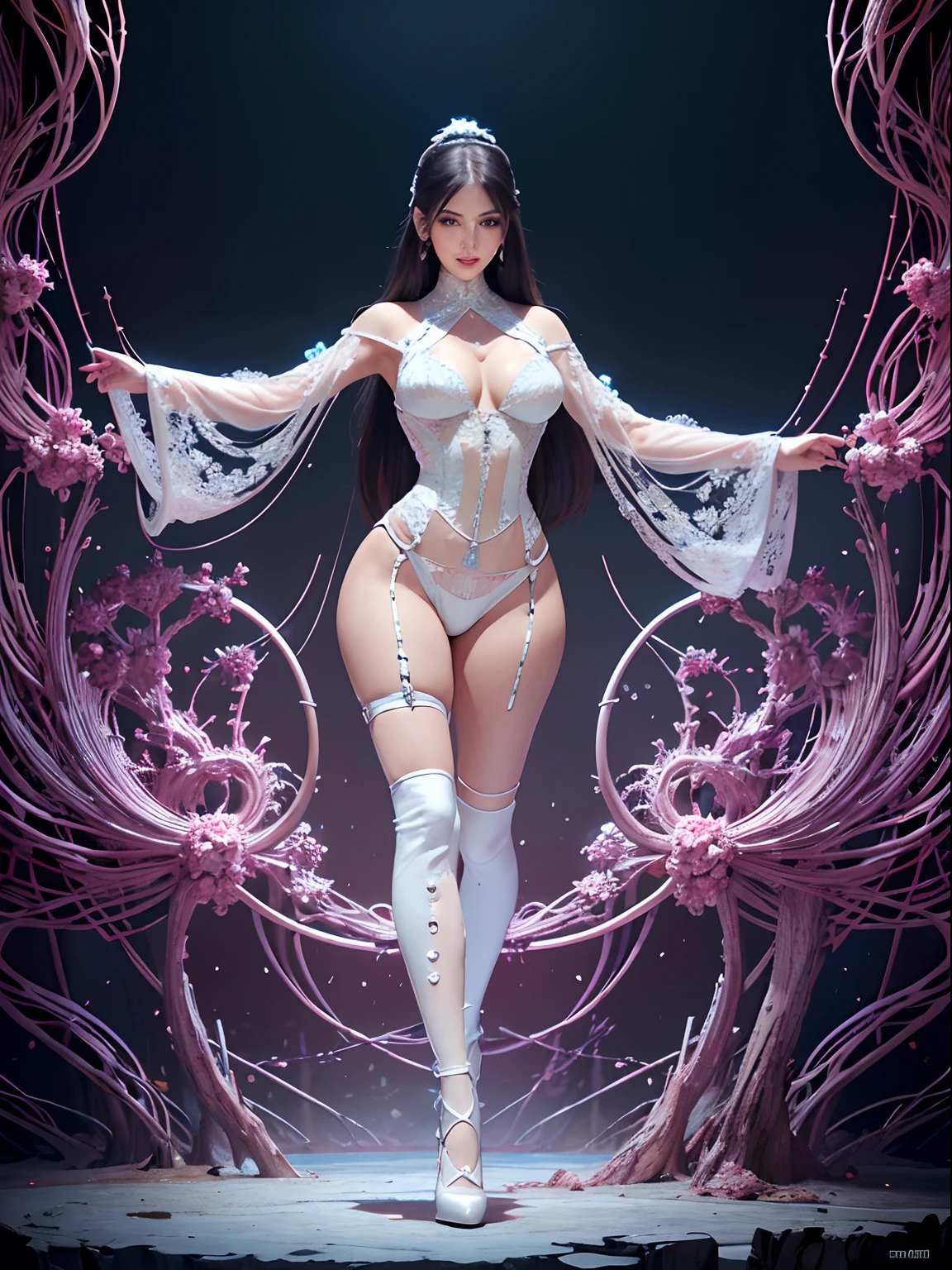 Full body like，Ultra detailed complex 3d rendering of Kim Kardashian's beautiful porcelain profile face，Biomechanical cyborgs，， 150mm lens， Beautiful soft natural light， large leaves and stems， roots， Fine-leaved lace， Colorful detailed， Masai Warrior， haute couture by Alexander McQueen haute couture， Pearl earrings， Art Nouveau embroidery fashion， steampunc， Complicated details， wire mesh， Mandelbrot fractal， parfect anatomy， face muscles， cable wires， micro Chip， ellegance， Ultra photo realsisim， ultra - detailed， rendering by octane， Style HR Giger， Volumetriclighting， 8k post production，(RAW photo:1.2)，camel-toe，Hollow-out on，sweat leggs，White liquid， Smooth pink skin, shiny metallic glossy skin, Shiny，spread their legs，M-shaped legs，angry look，sullenness，Irritated，white liquid all over body，Full body like