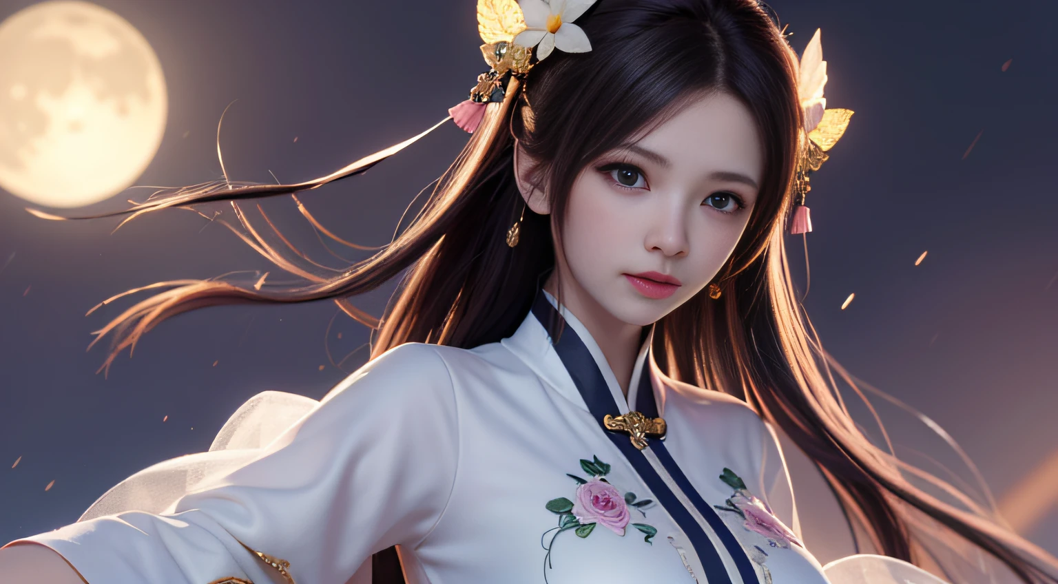 (8k, RAW photo:1.2), best quality, ultra high res,dramatic angle,(fluttered detailed color splashs), (illustration),(((1 girl))),(long hair),(rain:0.9), (头饰:1.4),少女身边有一座古宫,汉服,(重点),彩色水墨画,(泼彩),泼彩,(((colorful))),(素描:0.8) , Masterpiece, best quality, beautiful painted, highly detailed,(denoising:0.6),[splash ink],((ink refraction)), (beautiful detailed sky),moon,highly,detaild,(masterpiece, best quality, extremely detailed） CG unity 8k壁纸，杰作，最好的质量，超详细），（石蒜），