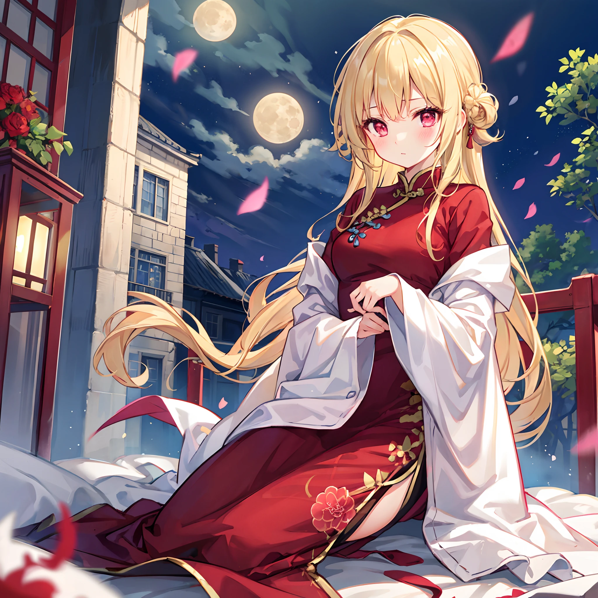 Wavy blonde hair、red eyes、sparkly eyes、Beautiful girl alone、qipao dress、Beautiful Moon、natta、red blush、Outside