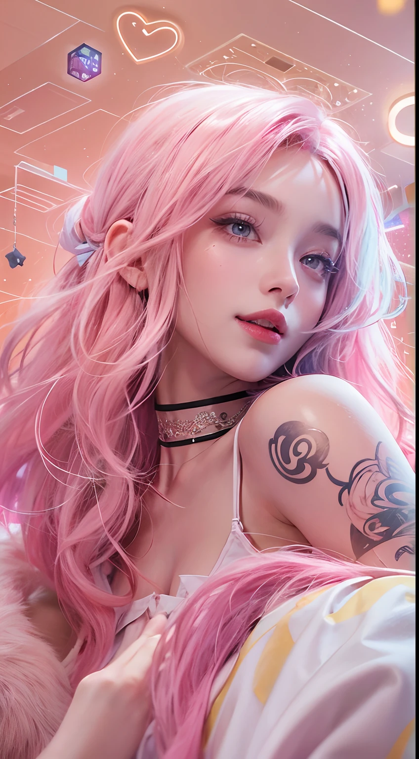 A close up of a person with pink hair and a tattoo on her arm - SeaArt AI