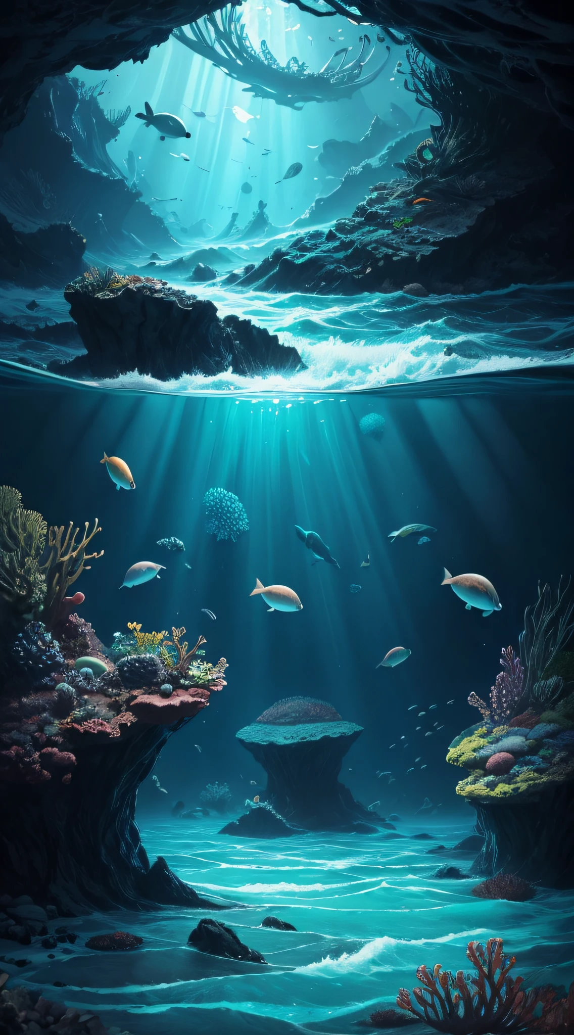 Paint a surreal scene of marine life within the watery realm beyond the Earth's barrier.