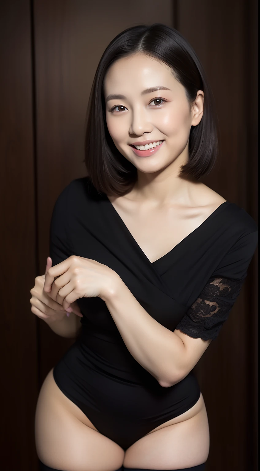 Masterpiece,Best quality, (maam. clerk:1), ((Portrait:1.3)), Cross arms, Smile,Professional Dress,Long legs,skin hyper-detail,Clear pores,in a panoramic view,Cocked buttocks,black lence stockings,Beautiful young Japanese woman over 40 years old, Perfect face, Fantastic look, (Detailed facial features), Clean and nice face,