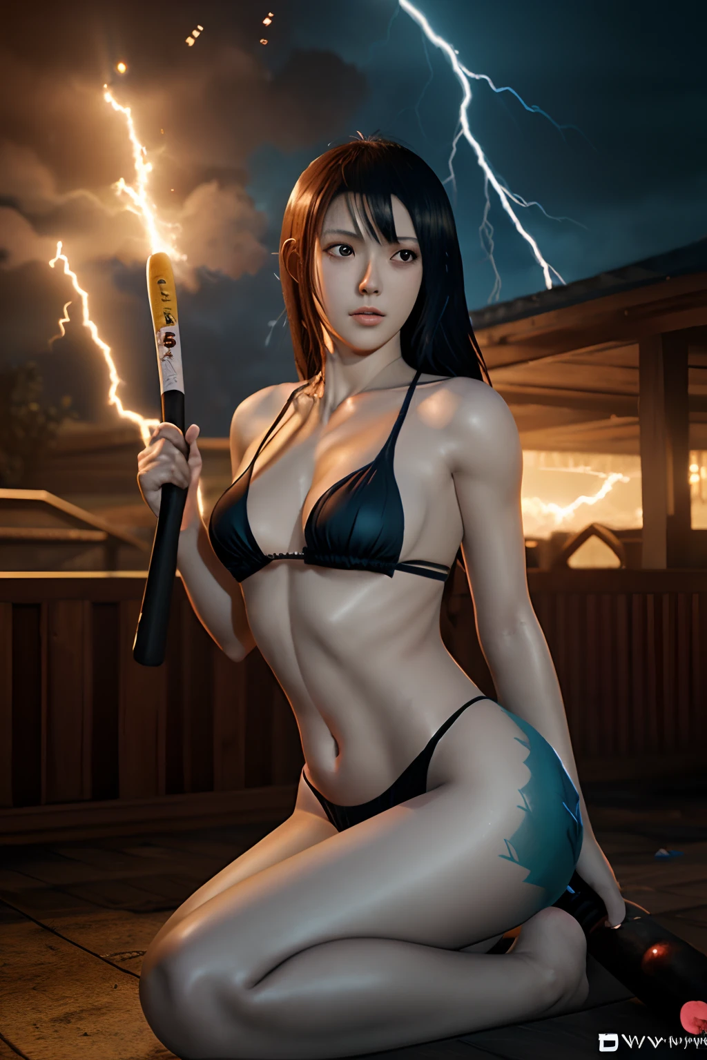 there is a woman in a bikini holding a baseball bat, nami from one piece, nami one piece, deviantart artstation cgscosiety, splashes of lightning behind her, epic digital art illustration, goddess of lightning, epic fantasy digital art style, epic fantasy digital art, 2. 5 d cgi anime fantasy artwork, mermaid cyborg with a laser whip
