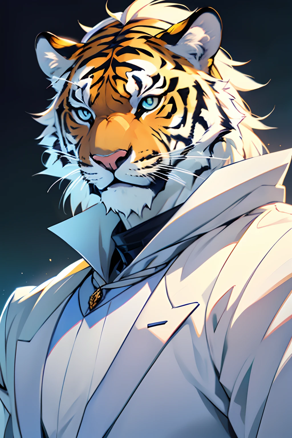 Um homem tigre branco anthro olhos elegantes vestindo um terno elegante, em estilo anime furry, ultra hd