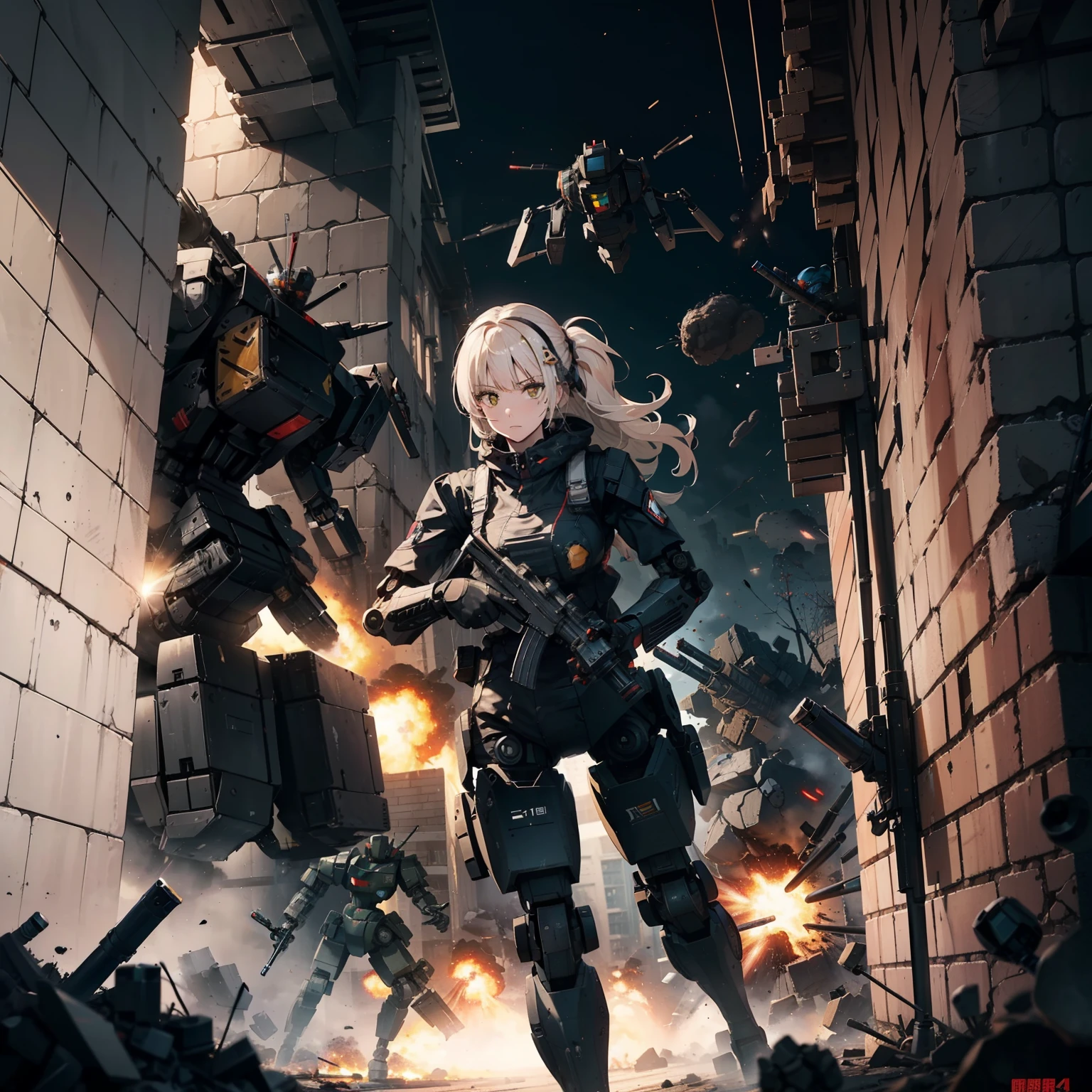 (Female soldier with strong body)、(((Shoot machine guns to destroy enemy robots:1.4)))、1 Female 1 Robot、(Black combat uniform)、(platinum-blonde-hair:1.2)、Have multiple weapons、Running through the rubble、((超A high resolution))、Detail Write、​masterpiece、top-quality、extremely details CG、8K picture quality、Cinematographic lighting、lensflare、(Night combat)、((From the inside of the building to the outside))、Hyper-detailing、Android wreckage、cowboy  shot:1.4、From diagonally above 、(HK416)、turned around、Detailed firearm depiction、Firearms with perfect detail、Long barrel without distortion、As I ran