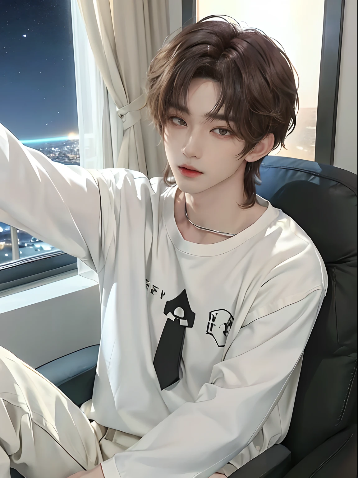 ((4K))、masterpiece、(top-quality)、((high-level image quality))、One Manly Boy、((White Y-shirt and long black pants))、(Detailed beautiful eyes)、Stylish homeroom at night with a view of the night sky from the window、Take a selfie while sitting in a gaming chair in front of your PC、Face similar to Chaewon in Ruseraphim、((short hair above the ears))、((Smaller face))、((Neutral face))、((Light brown eyes))、((Korean boy))、((18year old))、((Handsome man))、((Wild look))、((Korean Makeup))、((elongated and sharp eyes))、((During game streaming))、((Selfie near the face))、((Shots from the upper body))