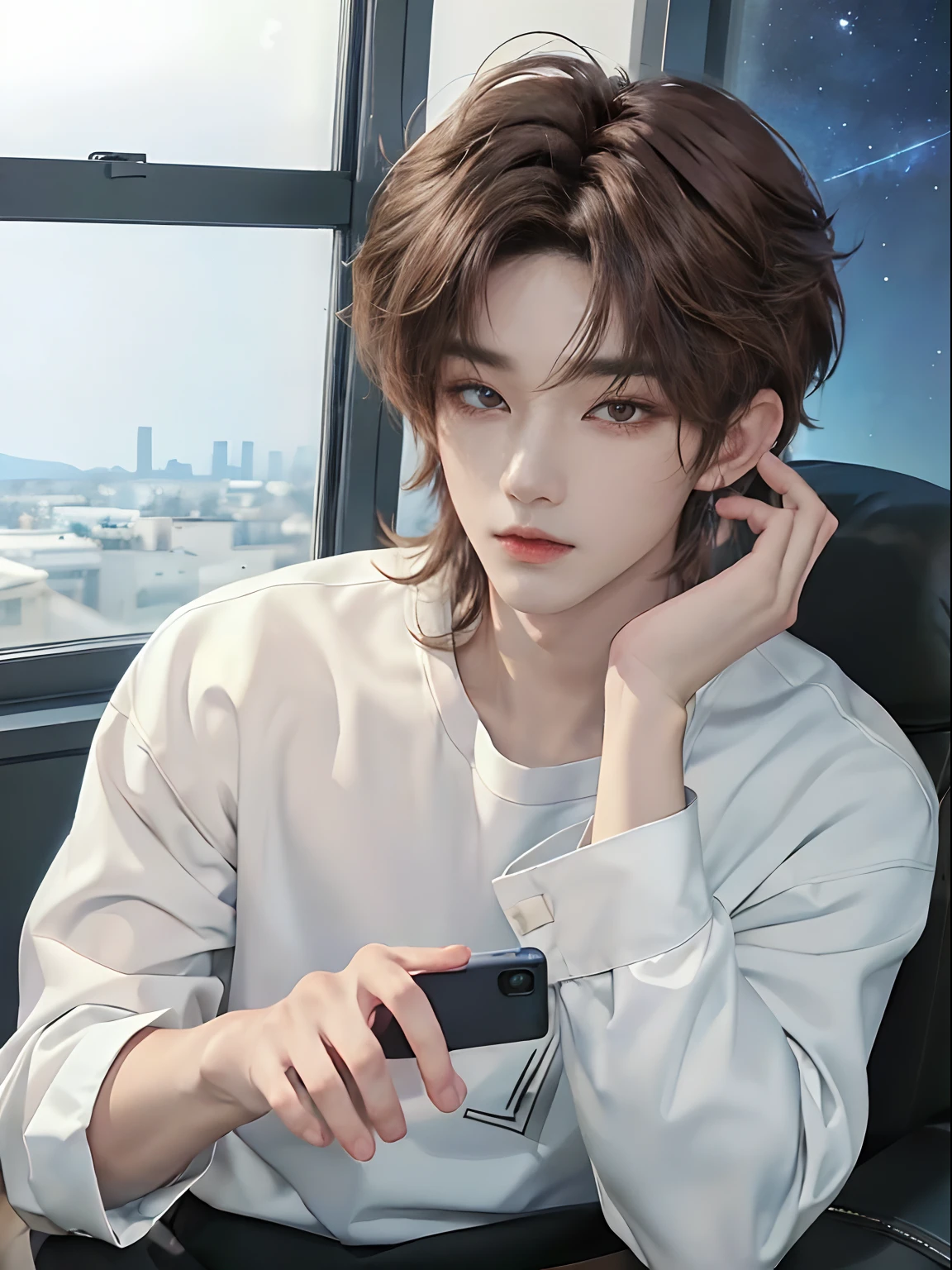 ((4K))、​masterpiece、（top-quality)、((high-level image quality))、One Manly Boy、((White Y-shirt and long black pants))、(Detailed beautiful eyes)、Stylish homeroom at night with a view of the night sky from the window、Take a selfie while sitting in a gaming chair in front of your PC、Face similar to Chaewon in Ruseraphim、((short hair above the ears))、((Smaller face))、((Neutral face))、((Light brown eyes))、((Korean boy))、((18year old))、((Handsome man))、((Wild look))、((Korean Makeup))、((elongated and sharp eyes))、((During game streaming))、((Selfie near the face))、((Shots from the upper body))